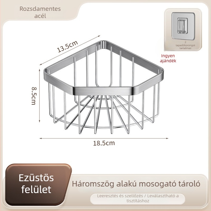 Rozsdamentes acél sarok mosogató szivacs tároló kosár, háromszög drenáló rács, fúrás nélküli szerelés, kefés felület, 10 kg teherbírás