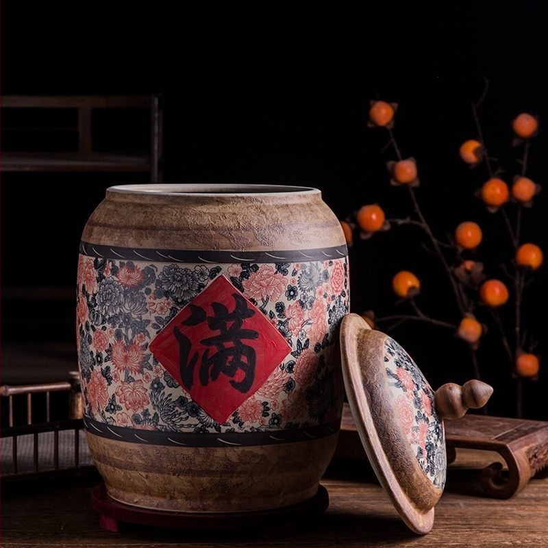 Jingdezhen kerámia rizsesz és liszt tároló tartály, légmentes, nedvességálló, kártevő-álló, vintage kerámia