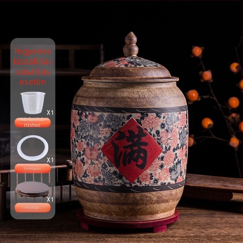 Jingdezhen kerámia rizsesz és liszt tároló tartály, légmentes, nedvességálló, kártevő-álló, vintage kerámia