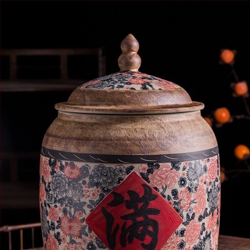 Jingdezhen kerámia rizsesz és liszt tároló tartály, légmentes, nedvességálló, kártevő-álló, vintage kerámia