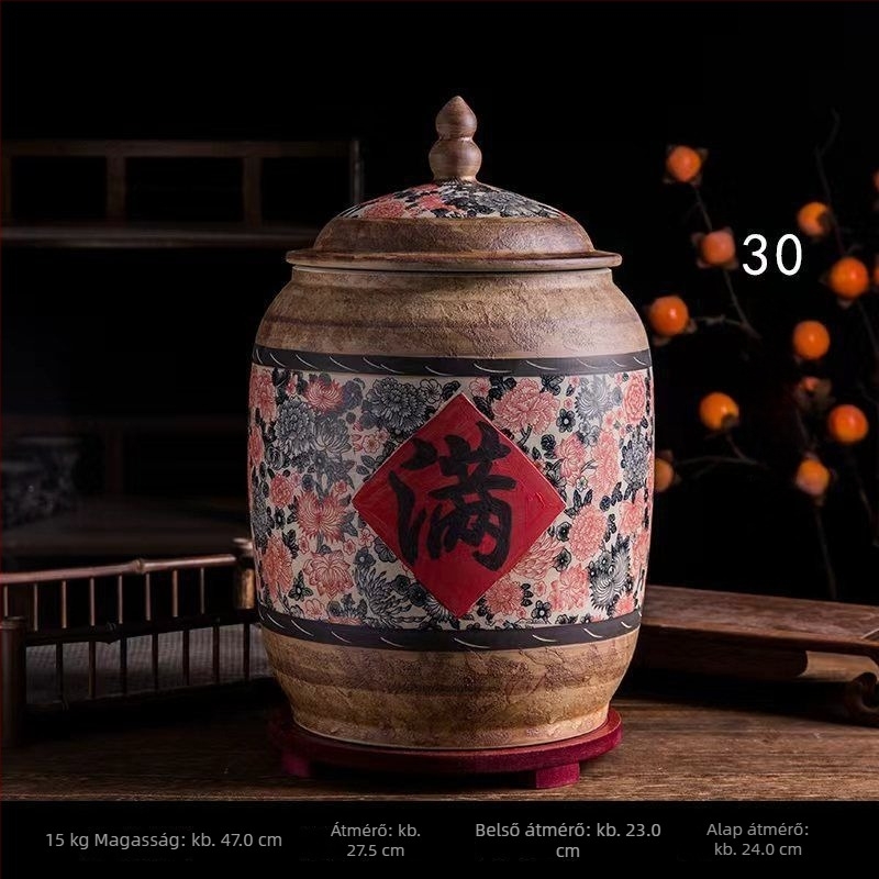 Jingdezhen kerámia rizsesz és liszt tároló tartály, légmentes, nedvességálló, kártevő-álló, vintage kerámia