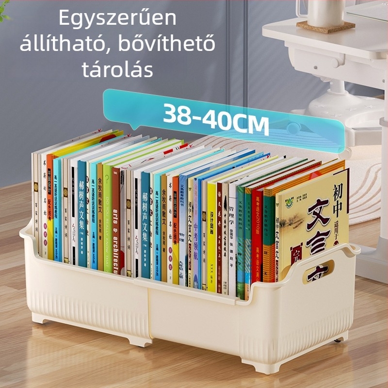 Összecsukható görgős könyvtartó doboz az íróasztal melletti tároláshoz, nagy kapacitású műanyag tároló