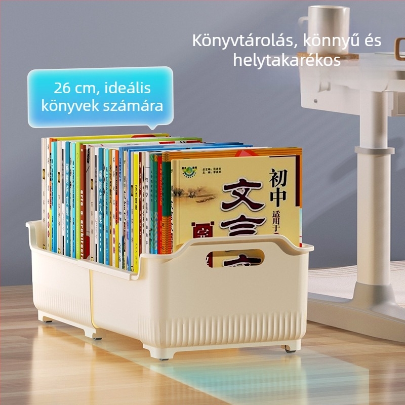 Összecsukható görgős könyvtartó doboz az íróasztal melletti tároláshoz, nagy kapacitású műanyag tároló