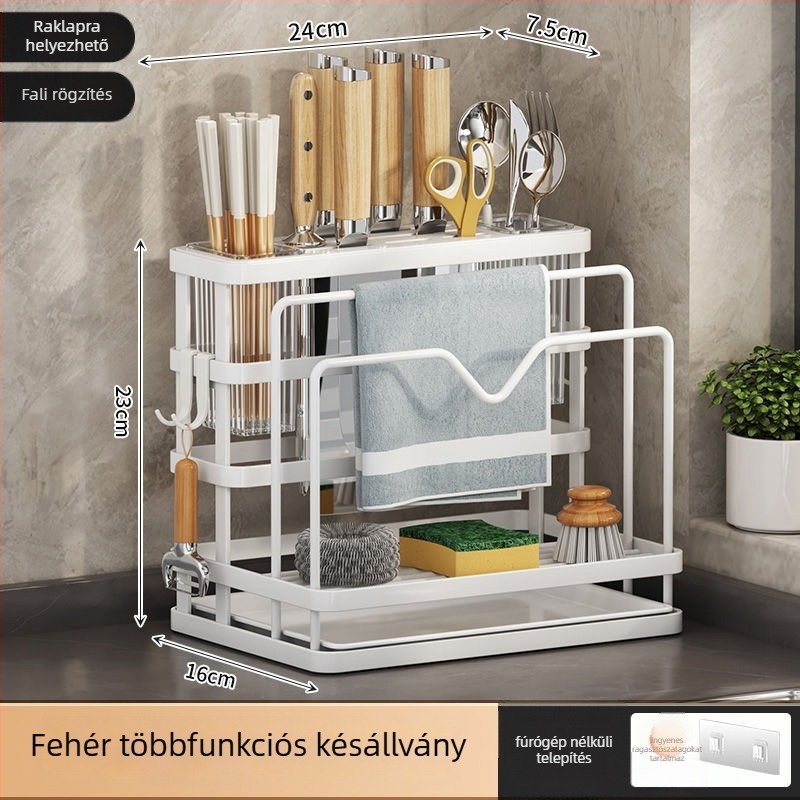 Falihoz rögzíthető kés-tartó integrált tárolóval és vágódeszkával, műanyag
