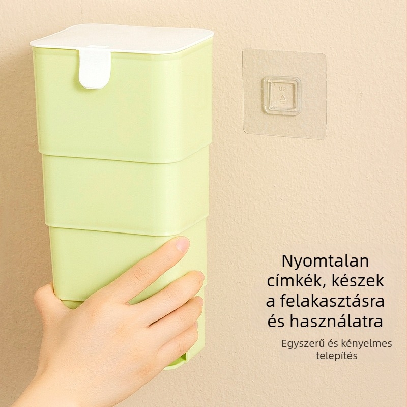 Fali szerelésű, összecsukható szemeteszsák tároló doboz fedéllel, ABS anyag, modell 115267, fúrás nélküli rögzítés