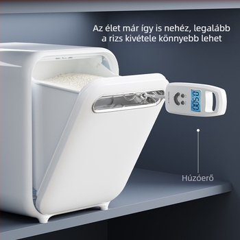 Rizstároló tartály PP műanyagból, 10 L kapacitás, rovarmentes, nedvességálló, hermetikusan záródó