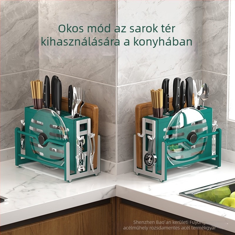 Integrált konyhai tárolóállvány kés tartóval és vágódeszka tartóval, rozsdamentes acélból, összecsukható, telepítés nélkül