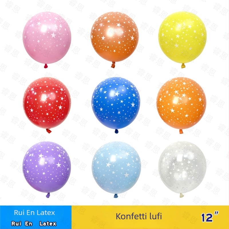 Latex dekorációs lufik, kerek formájú, ötágú csillag mintával, ív és háttér dekorációhoz