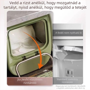 Rizstároló tartály légmentesen záródó, nedvesség és kártevők elleni védelemmel; PP műanyag, élelmiszer-minőség