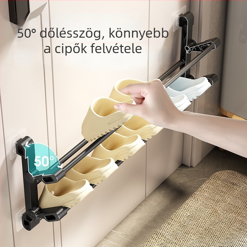 Kétszintes falra szerelhető papucs tároló fürdőszobába, lefolyó funkcióval, fúrás nélkül
