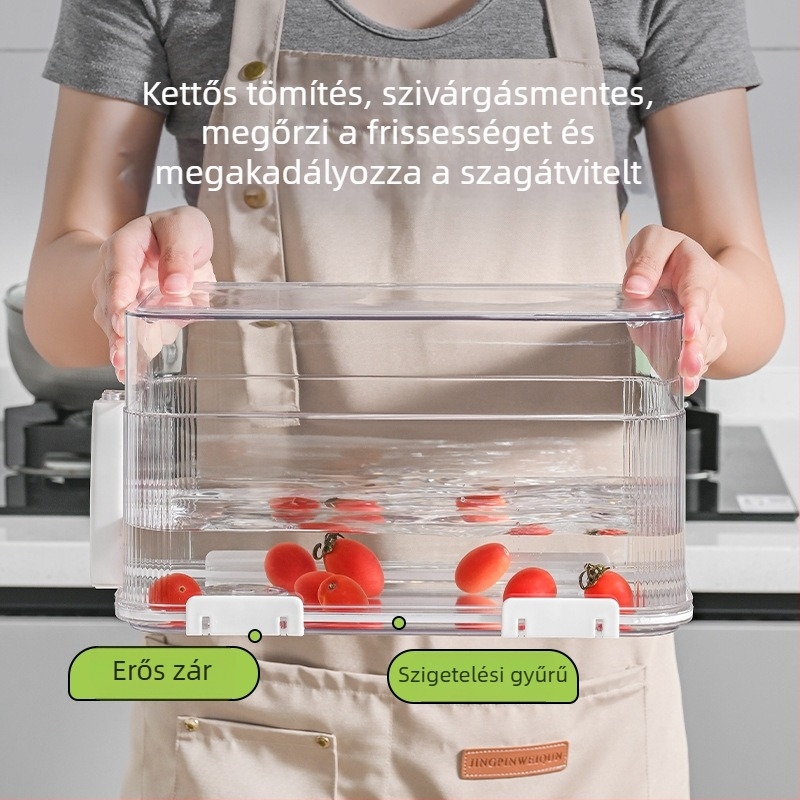 Hűtőszekrény tároló doboz, PET anyag, átlátszó, élelmiszerbiztos, zárható és lefolyóval