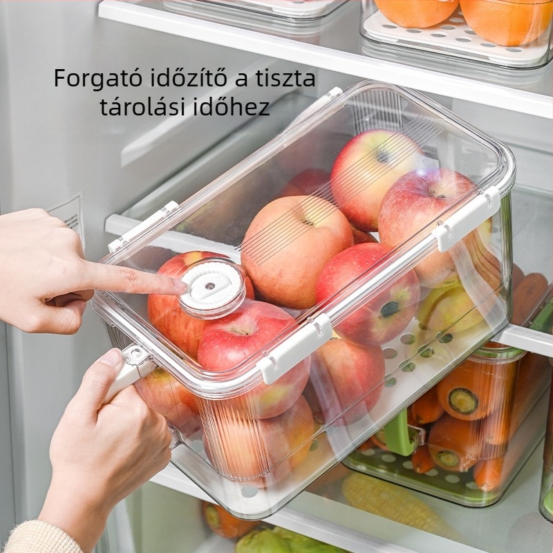 Hűtőszekrény tároló doboz, PET anyag, átlátszó, élelmiszerbiztos, zárható és lefolyóval