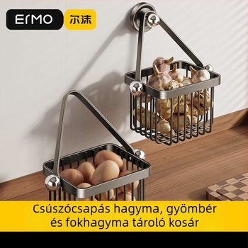 Fali akasztós konyhai tároló hagyma–gyömbér–fokhagyma számára — szénacél, teherbírás kb. 5 kg, műanyag spray bevonat, modell Cftg13999nyb