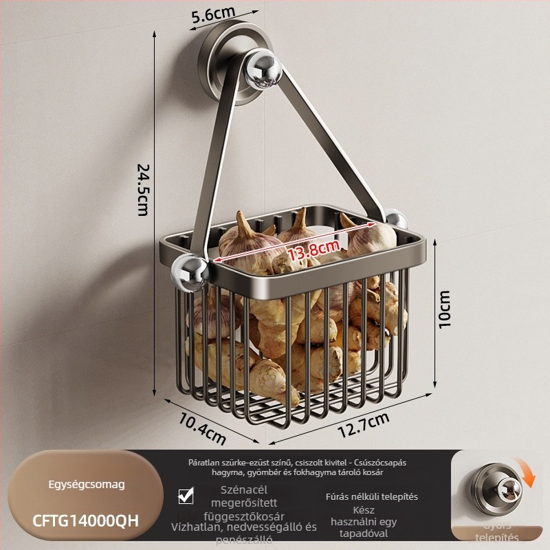 Fali akasztós konyhai tároló hagyma–gyömbér–fokhagyma számára — szénacél, teherbírás kb. 5 kg, műanyag spray bevonat, modell Cftg13999nyb
