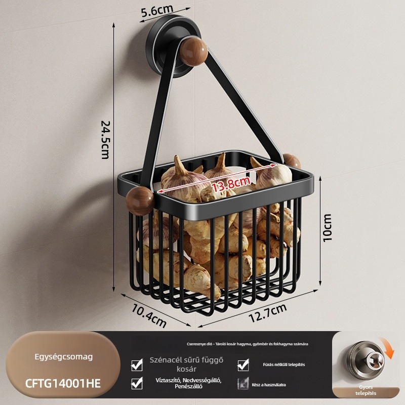 Fali akasztós konyhai tároló hagyma–gyömbér–fokhagyma számára — szénacél, teherbírás kb. 5 kg, műanyag spray bevonat, modell Cftg13999nyb