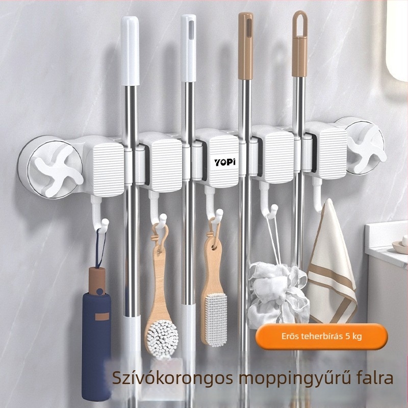 Fali tároló fürdőszobába és konyhába mop tartóval – többfunkciós, 4 szintes, ABS és szilikon, vákuumos rögzítés