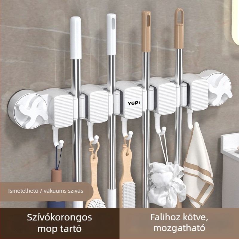 Fali tároló fürdőszobába és konyhába mop tartóval – többfunkciós, 4 szintes, ABS és szilikon, vákuumos rögzítés