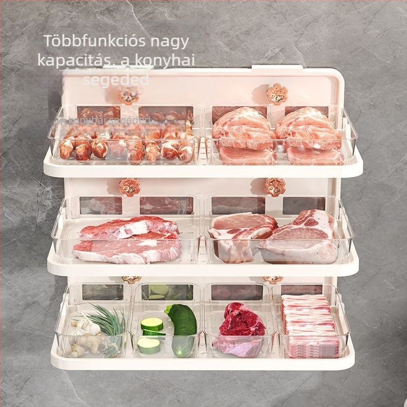 Konyhai szívóval szerelhető tároló, háromszintes, falra szerelhető, fúrás nélküli, ABS+PET, 5 kg teherbírás