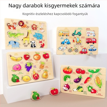 Fából készült, háromdimenziós puzzle-panel gyerekeknek állat- és gyümölcs formákkal, Montessori-stílusú korai nevelés (4–6 évesek; származás Zhejiang; Kategória: illusztrációk és táblák)