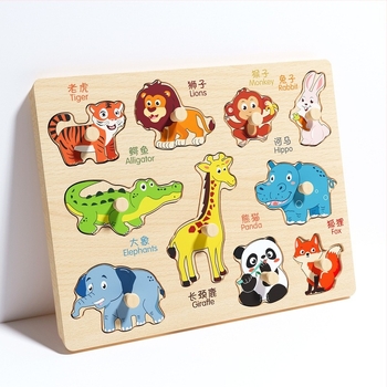 Fából készült, háromdimenziós puzzle-panel gyerekeknek állat- és gyümölcs formákkal, Montessori-stílusú korai nevelés (4–6 évesek; származás Zhejiang; Kategória: illusztrációk és táblák)