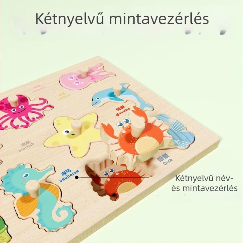 Fából készült, háromdimenziós puzzle-panel gyerekeknek állat- és gyümölcs formákkal, Montessori-stílusú korai nevelés (4–6 évesek; származás Zhejiang; Kategória: illusztrációk és táblák)