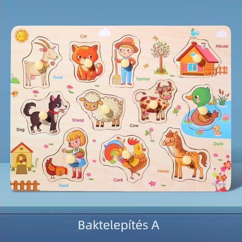 Fából készült, háromdimenziós puzzle-panel gyerekeknek állat- és gyümölcs formákkal, Montessori-stílusú korai nevelés (4–6 évesek; származás Zhejiang; Kategória: illusztrációk és táblák)