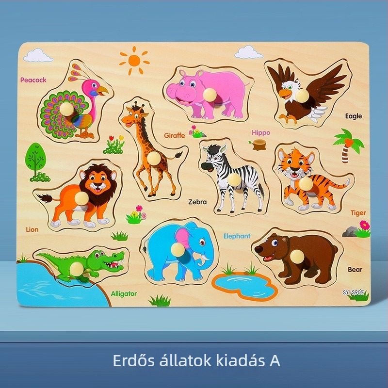 Fából készült, háromdimenziós puzzle-panel gyerekeknek állat- és gyümölcs formákkal, Montessori-stílusú korai nevelés (4–6 évesek; származás Zhejiang; Kategória: illusztrációk és táblák)