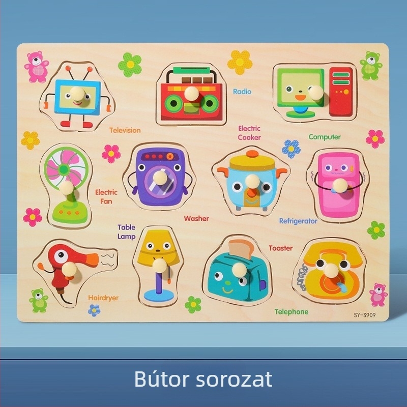 Fából készült, háromdimenziós puzzle-panel gyerekeknek állat- és gyümölcs formákkal, Montessori-stílusú korai nevelés (4–6 évesek; származás Zhejiang; Kategória: illusztrációk és táblák)