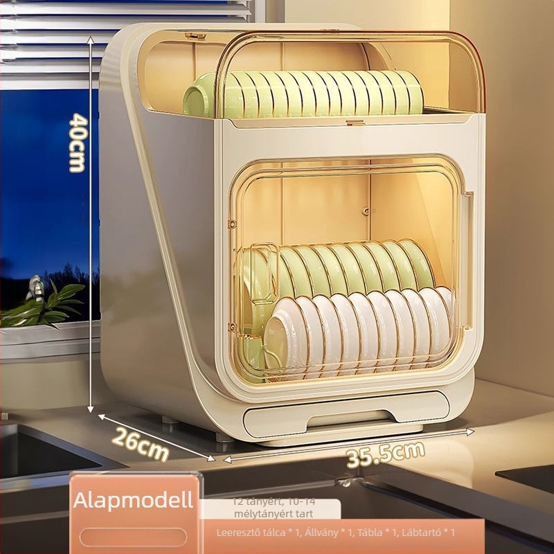 Műanyag padlón álló edények szárítóállványa, leeresztő polccal és fedéllel, modern minimalista konyhai szervező