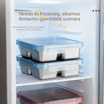 304 rozsdamentes acél ebédes doboz, kétszintes, négy rekesz, 501–800 ml kapacitás, mikrohullámú sütőben használható