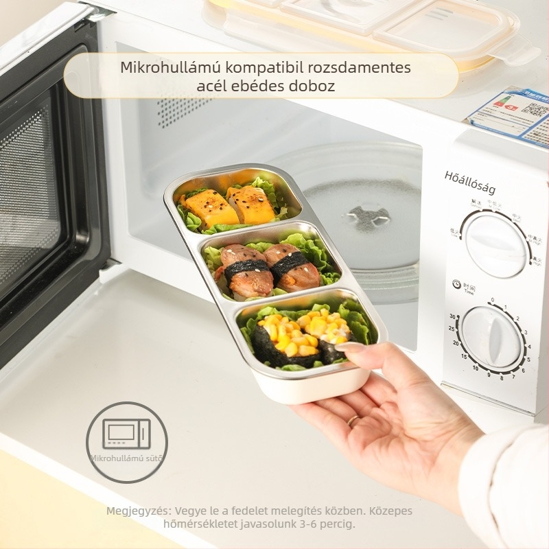 Ebéddoboz rekeszekkel, téglalap alakú, 304 rozsdamentes acélból, 501–800 ml kapacitás, mikrohullámú sütő kompatibilis