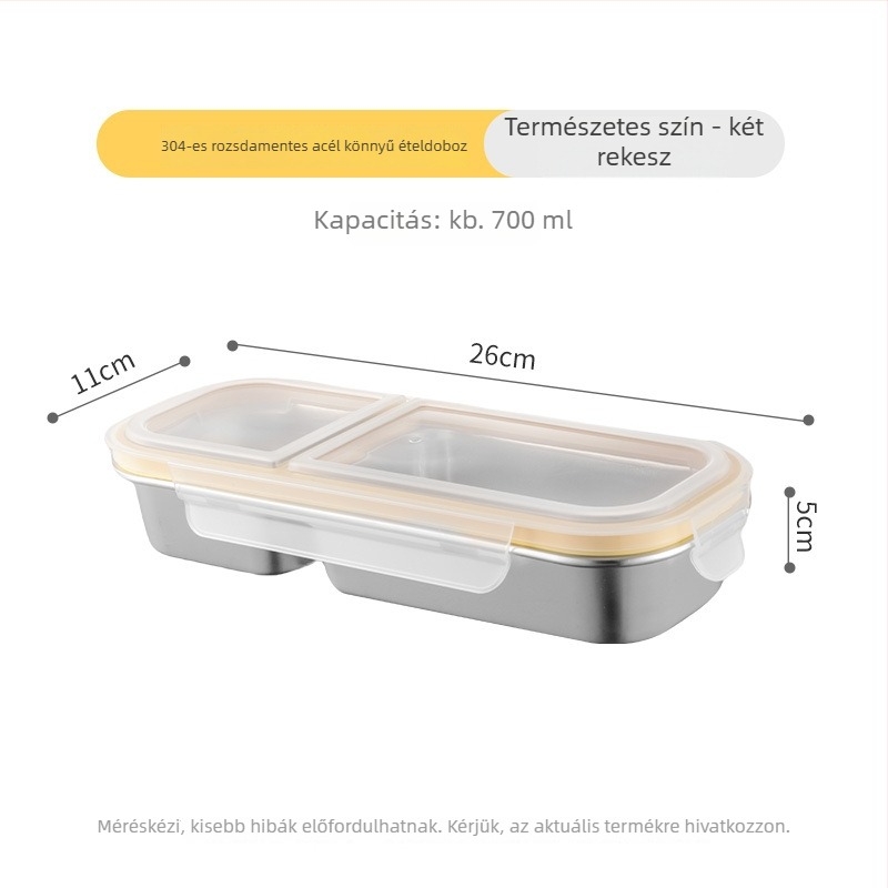 Ebéddoboz rekeszekkel, téglalap alakú, 304 rozsdamentes acélból, 501–800 ml kapacitás, mikrohullámú sütő kompatibilis