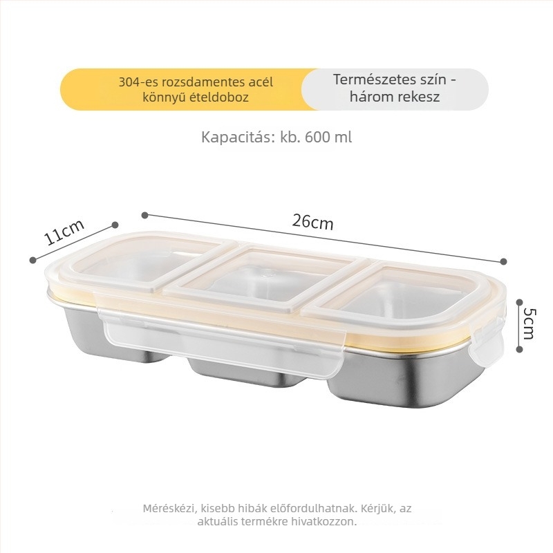 Ebéddoboz rekeszekkel, téglalap alakú, 304 rozsdamentes acélból, 501–800 ml kapacitás, mikrohullámú sütő kompatibilis