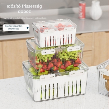 Hűtőszekrény tároló doboz, modern-minimalista design, élelmiszer-minőségű, zárható, lefolyóval, frissesség megőrzése, műanyag