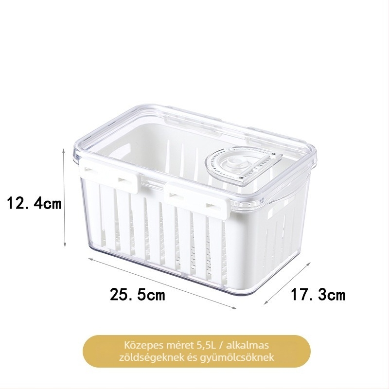 Hűtőszekrény tároló doboz, modern-minimalista design, élelmiszer-minőségű, zárható, lefolyóval, frissesség megőrzése, műanyag