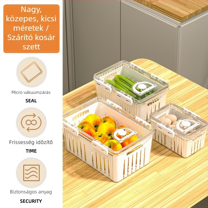 Hűtőszekrény tároló doboz, modern-minimalista design, élelmiszer-minőségű, zárható, lefolyóval, frissesség megőrzése, műanyag