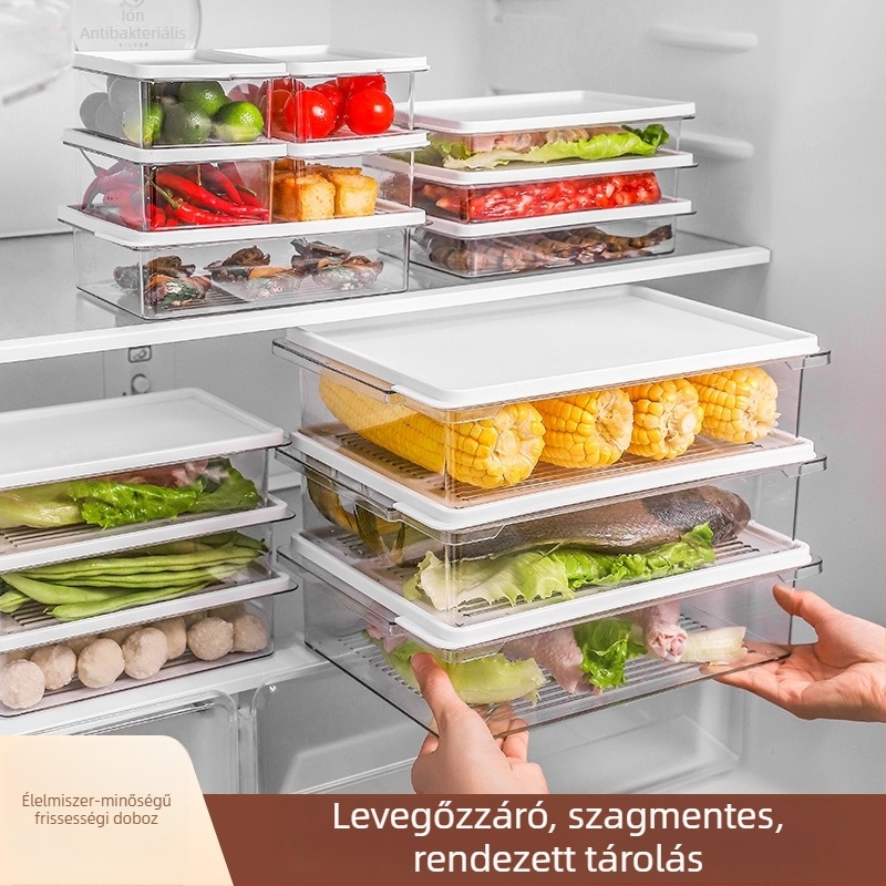 Frissességmegőrző doboz - egyszerű stílus, egymásra tehető, PET+PE élelmiszerminőségű anyag, fagyasztóhoz zárható
