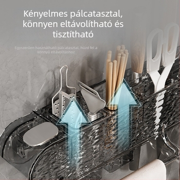 Mozgatható szívófejes falra szerelhető kés- és spatula tartó, konyhai polc, műanyag