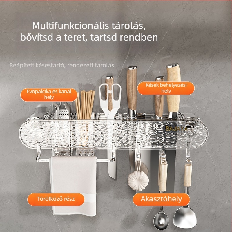 Mozgatható szívófejes falra szerelhető kés- és spatula tartó, konyhai polc, műanyag
