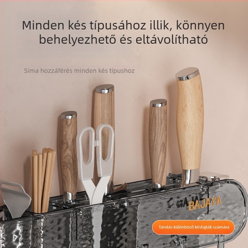 Mozgatható szívófejes falra szerelhető kés- és spatula tartó, konyhai polc, műanyag