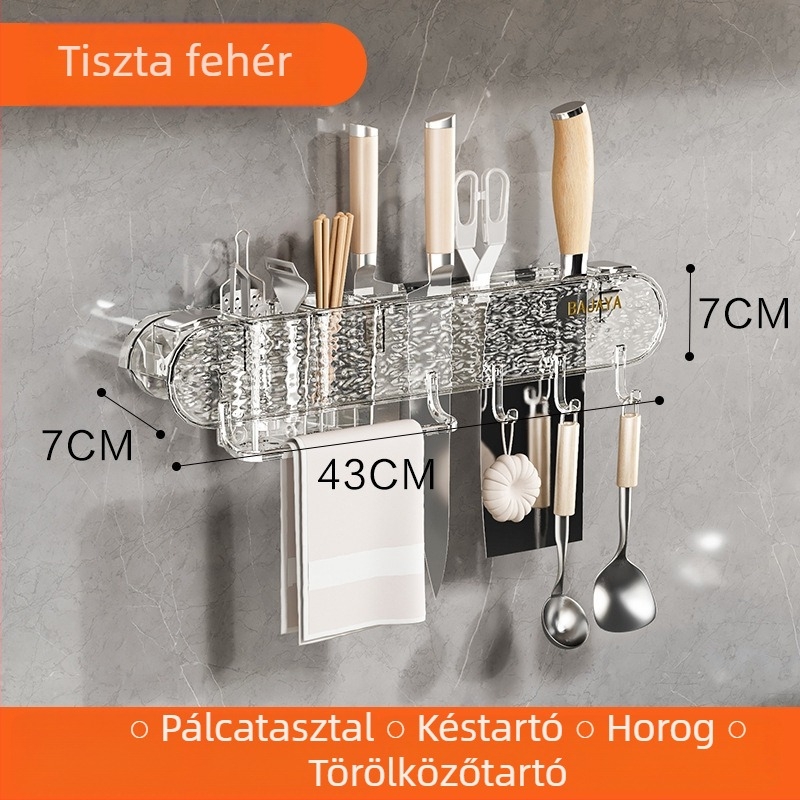 Mozgatható szívófejes falra szerelhető kés- és spatula tartó, konyhai polc, műanyag