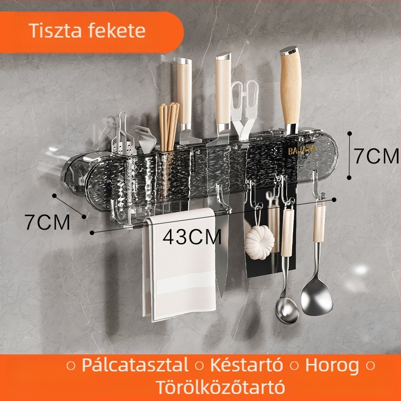 Mozgatható szívófejes falra szerelhető kés- és spatula tartó, konyhai polc, műanyag