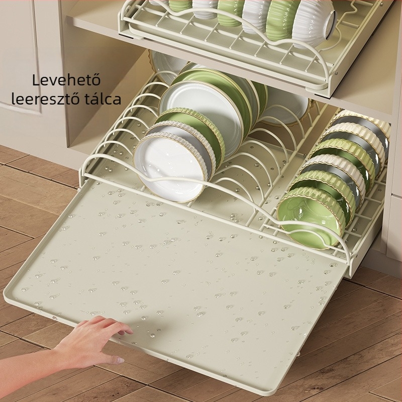 Fiókos konyhai edény- és tányéralátét vasdrótból, beépített fiókkal, lefolyópolccal, modern minimalista stílus
