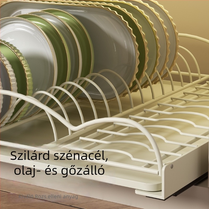Fiókos konyhai edény- és tányéralátét vasdrótból, beépített fiókkal, lefolyópolccal, modern minimalista stílus