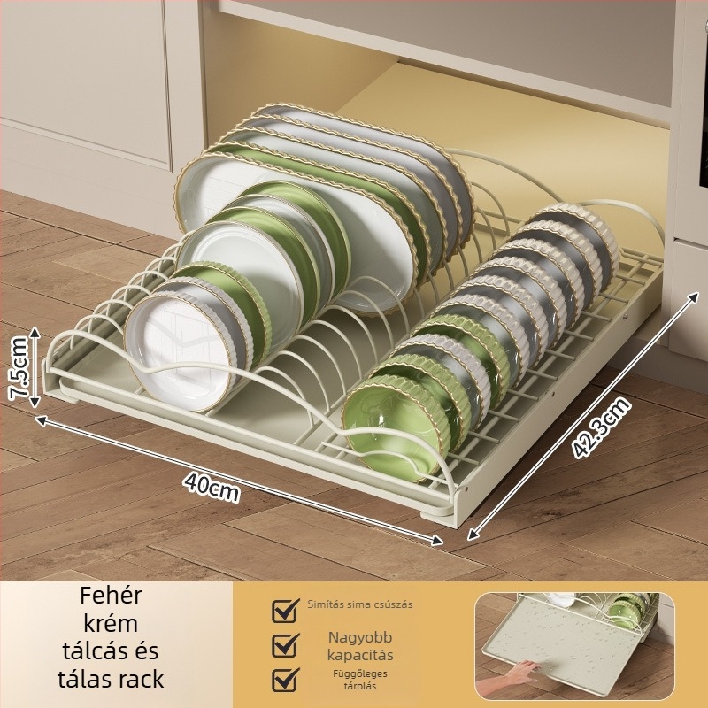 Fiókos konyhai edény- és tányéralátét vasdrótból, beépített fiókkal, lefolyópolccal, modern minimalista stílus