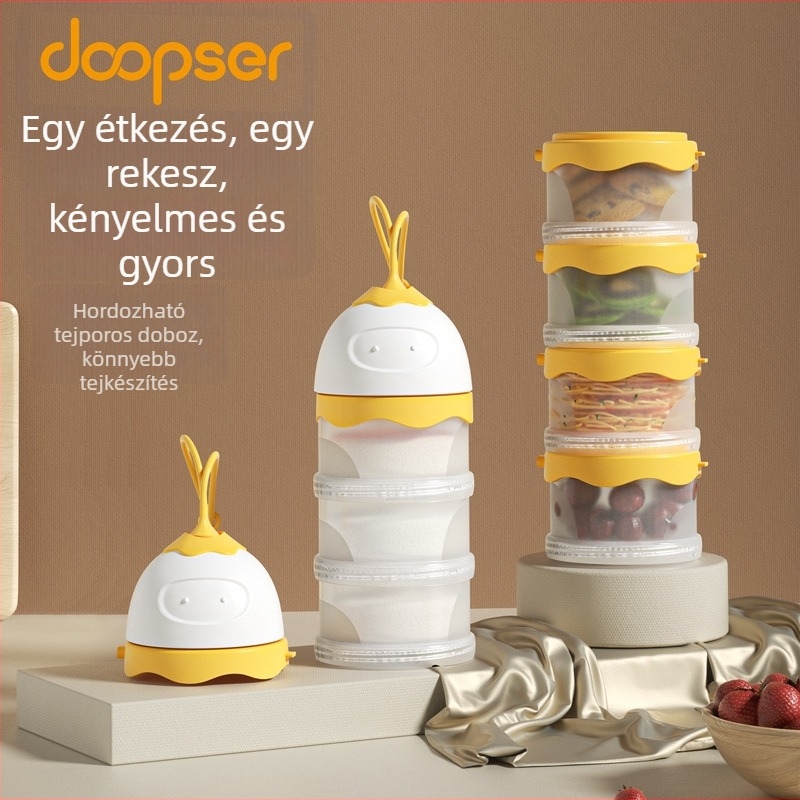 Bébi tejpor tároló doboz, négy rétegű kialakítás, DOOPSER/Dopson márka, újszülöttől 3 éves korig.