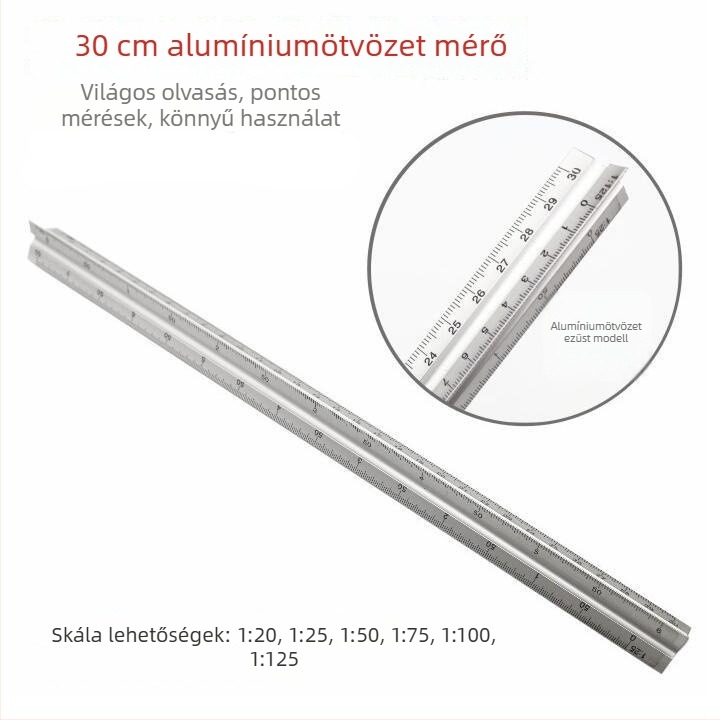 Háromszög alakú fém mérőléc, hat ötvözet-skálával a precíz rajzhoz