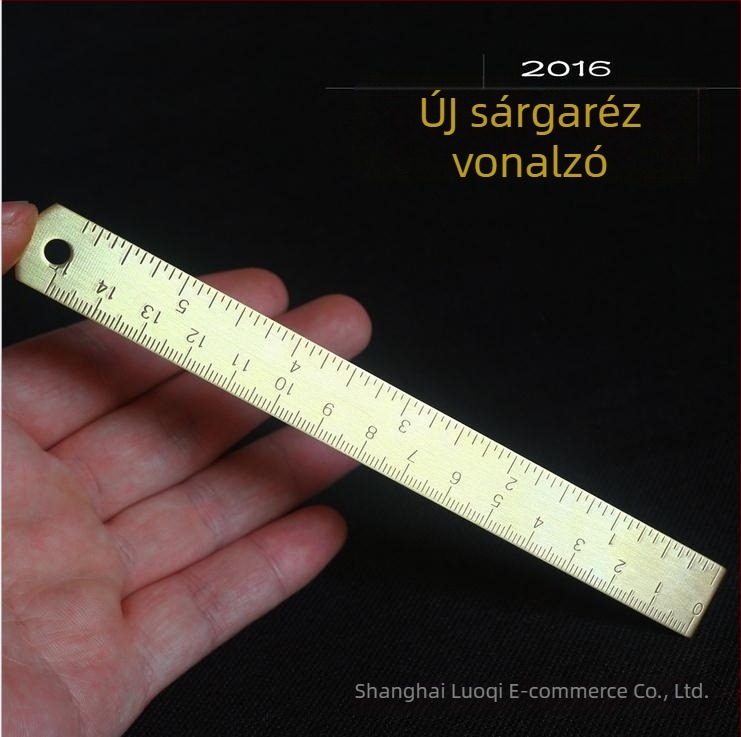 Keskeny réz vonalzó, sárgaréz akcentokkal, retro könyvjelző és rajzoló vonalzó, 15 cm hosszú