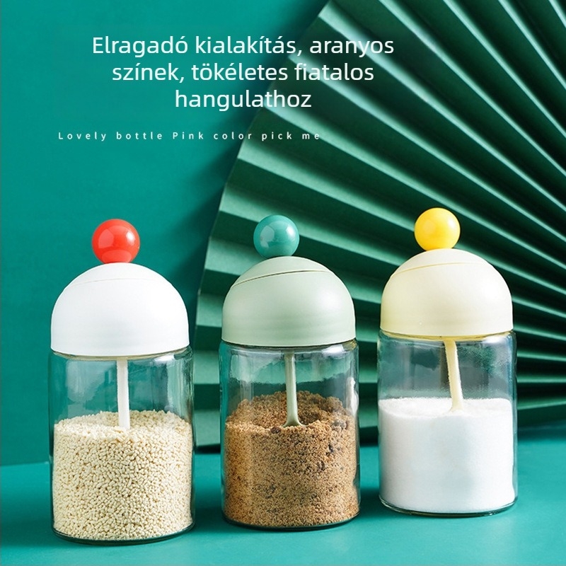 Üveg fűszertartó integrált kanalas fedővel és nedvességálló zárással; kettős használat sóhoz és szilárd fűszerekhez.