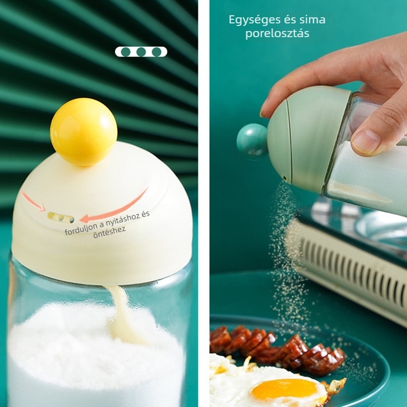 Üveg fűszertartó integrált kanalas fedővel és nedvességálló zárással; kettős használat sóhoz és szilárd fűszerekhez.